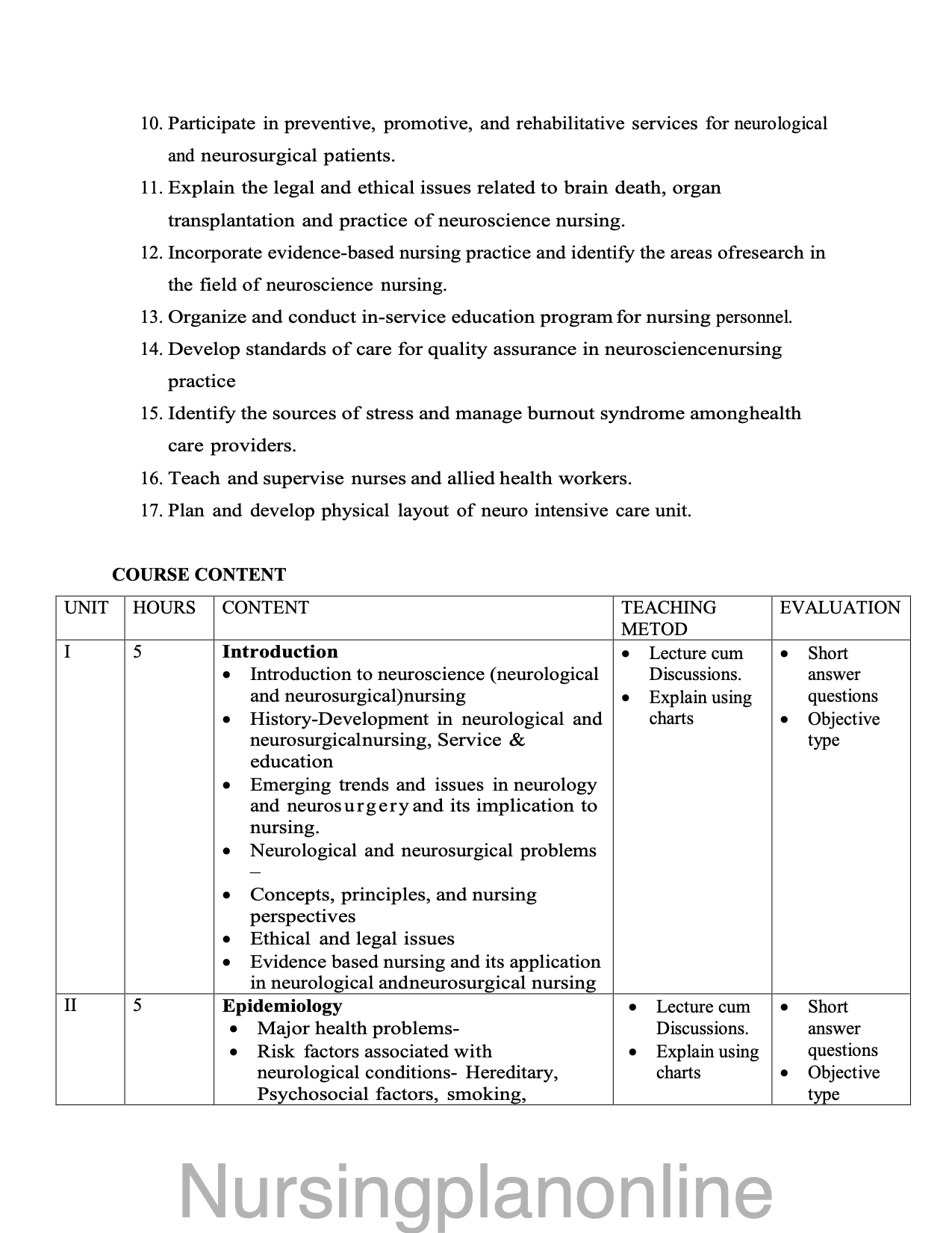 COURSE PLAN- M.Sc. NURSING SECOND YEAR - MEDICAL SURGICAL NURSING ( NEURO SCIENCES NURSING) - Nursing Plan Online