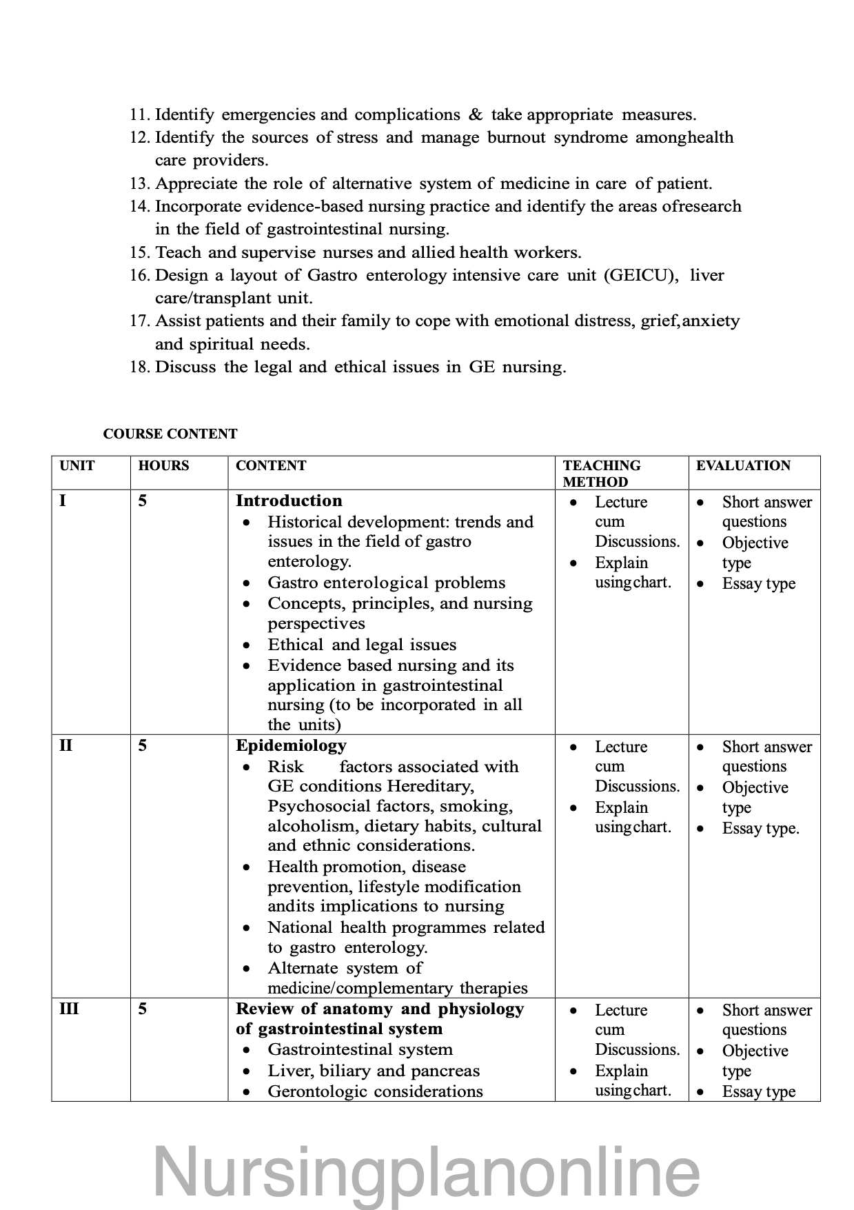 COURSE PLAN- M.Sc. NURSING SECOND YEAR - MEDICAL SURGICAL NURSING ( GASTRO ENTOROLOGY NURSING) - Nursing Plan Online