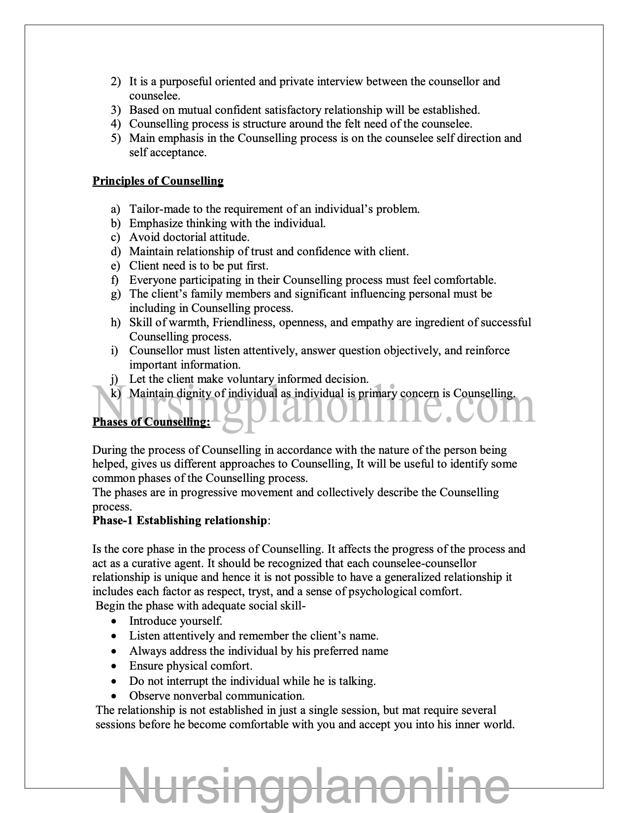 NOTES ON COUNSELING - Nursing Plan Online