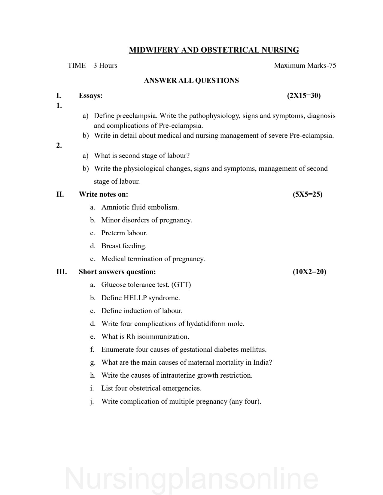 QUESTION PAPER- OBSTETRICS AND GYNECOLOGY NURSING