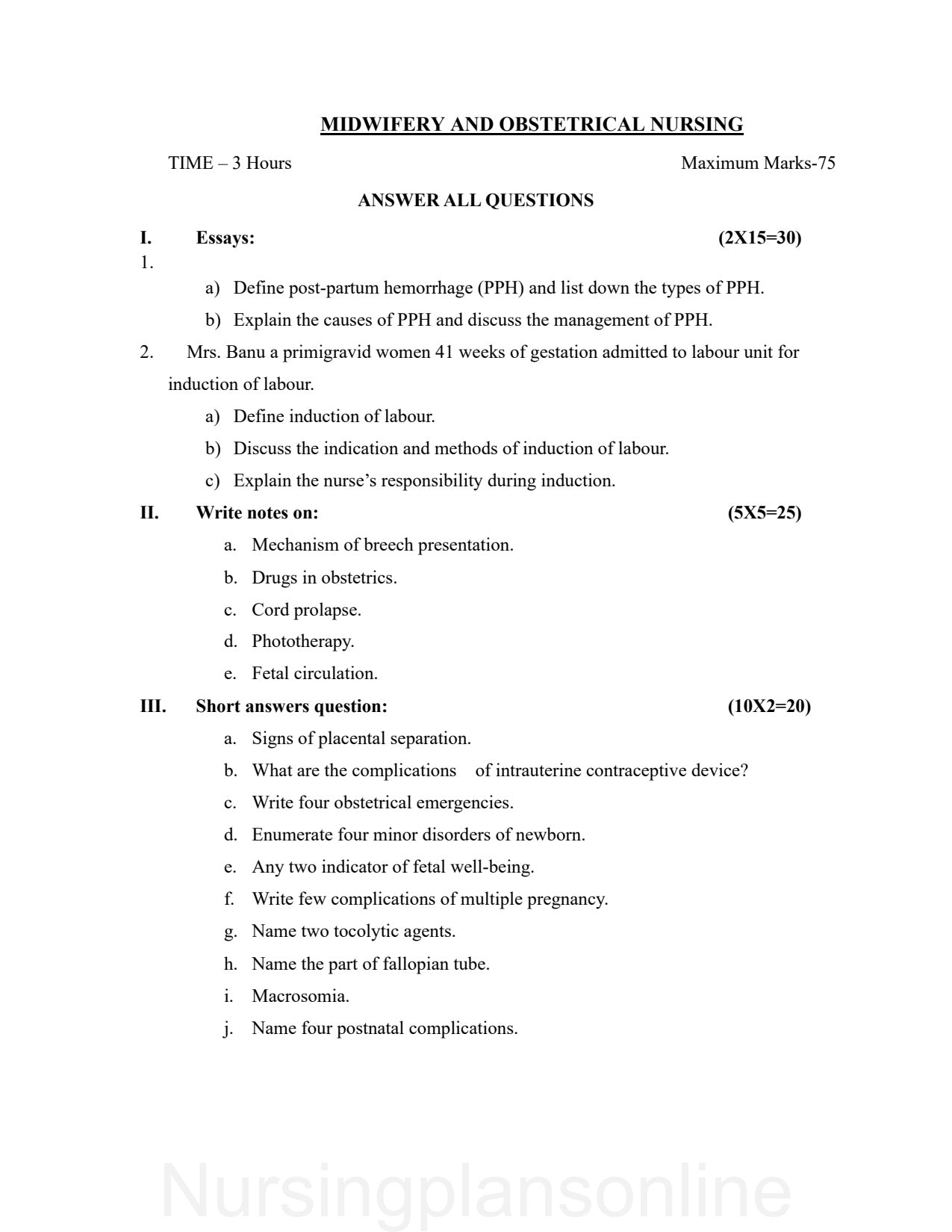 QUESTION PAPER- OBSTETRICS AND GYNECOLOGY NURSING