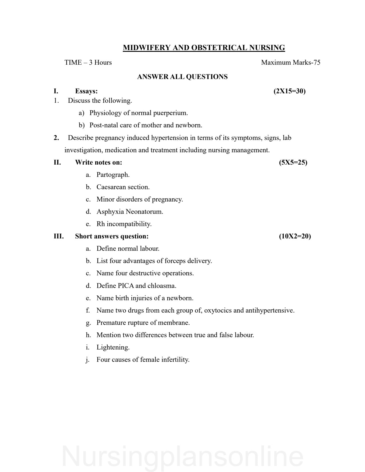 QUESTION PAPER- OBSTETRICS AND GYNECOLOGY NURSING