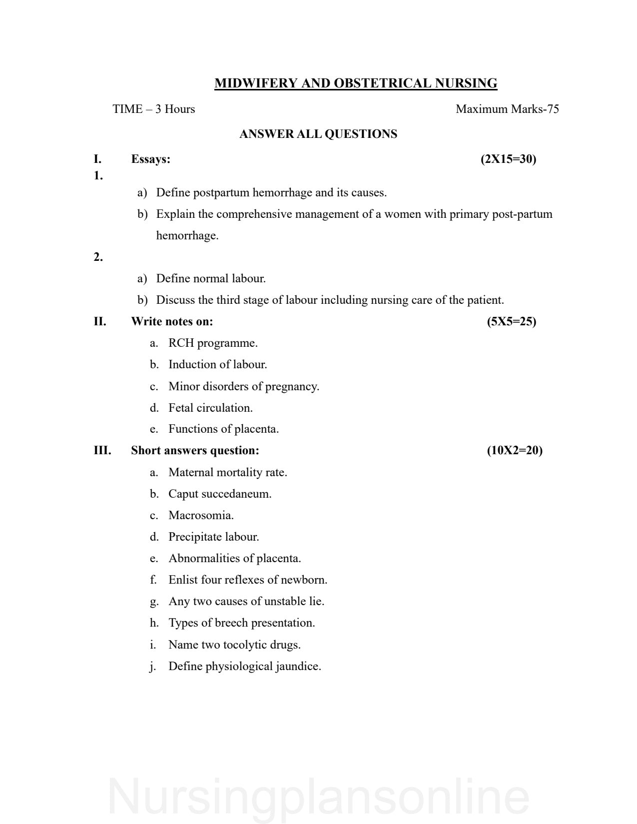 QUESTION PAPER- OBSTETRICS AND GYNECOLOGY NURSING