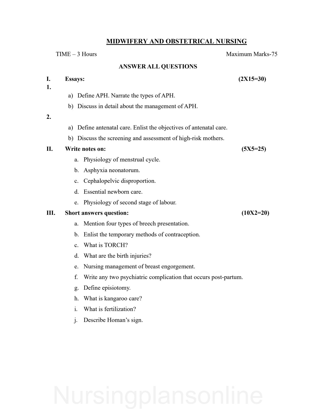 QUESTION PAPER- OBSTETRICS AND GYNECOLOGY NURSING