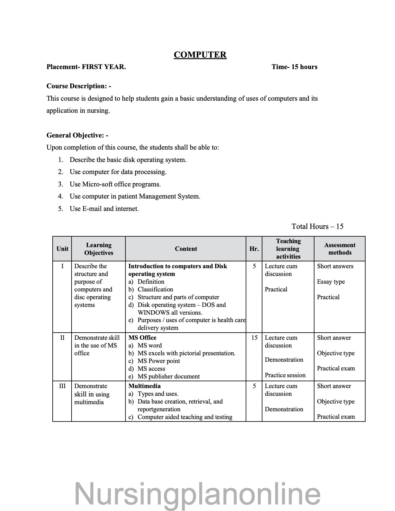 COURSE PLAN- COMPUTER FOR G.N.M. FIRST YEAR - Nursing Plan Online