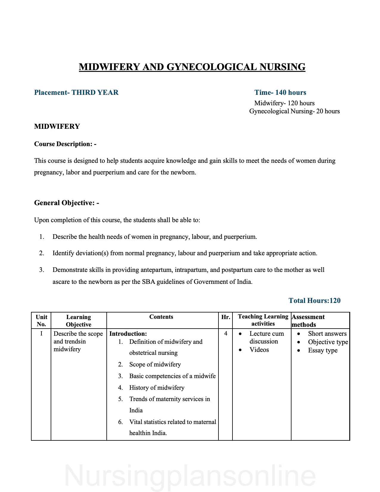 COURSE PLAN- MIDWIFERY AND GYNECOLOGICAL  NURSING FOR G.N.M. THIRD YEAR - Nursing Plan Online