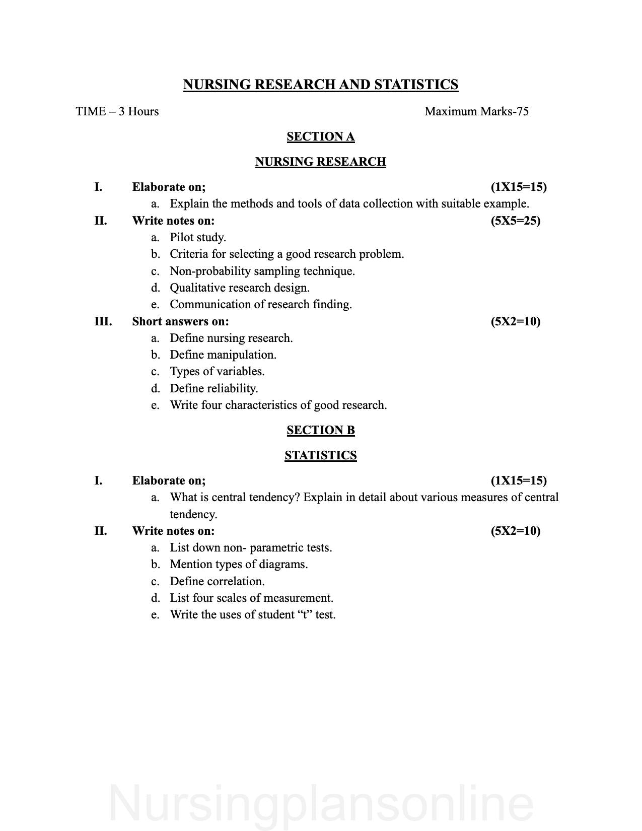 QUESTION PAPER- NURSING RESEARCH