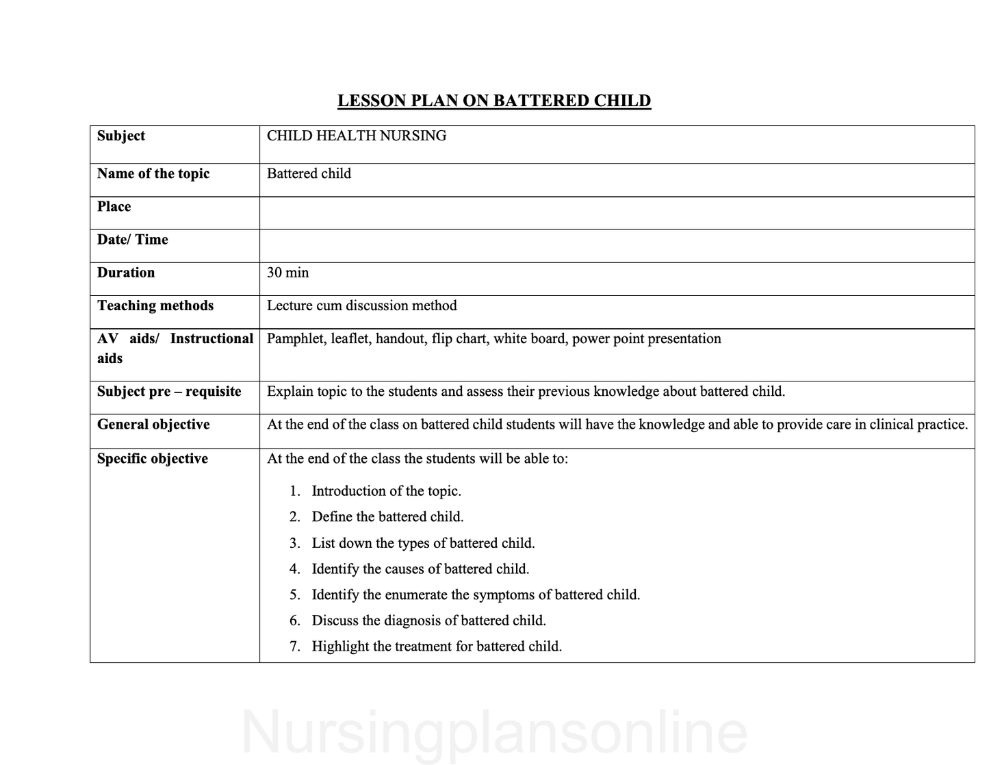 LESSON PLAN- BATTERED CHILD - Nursing Plan Online