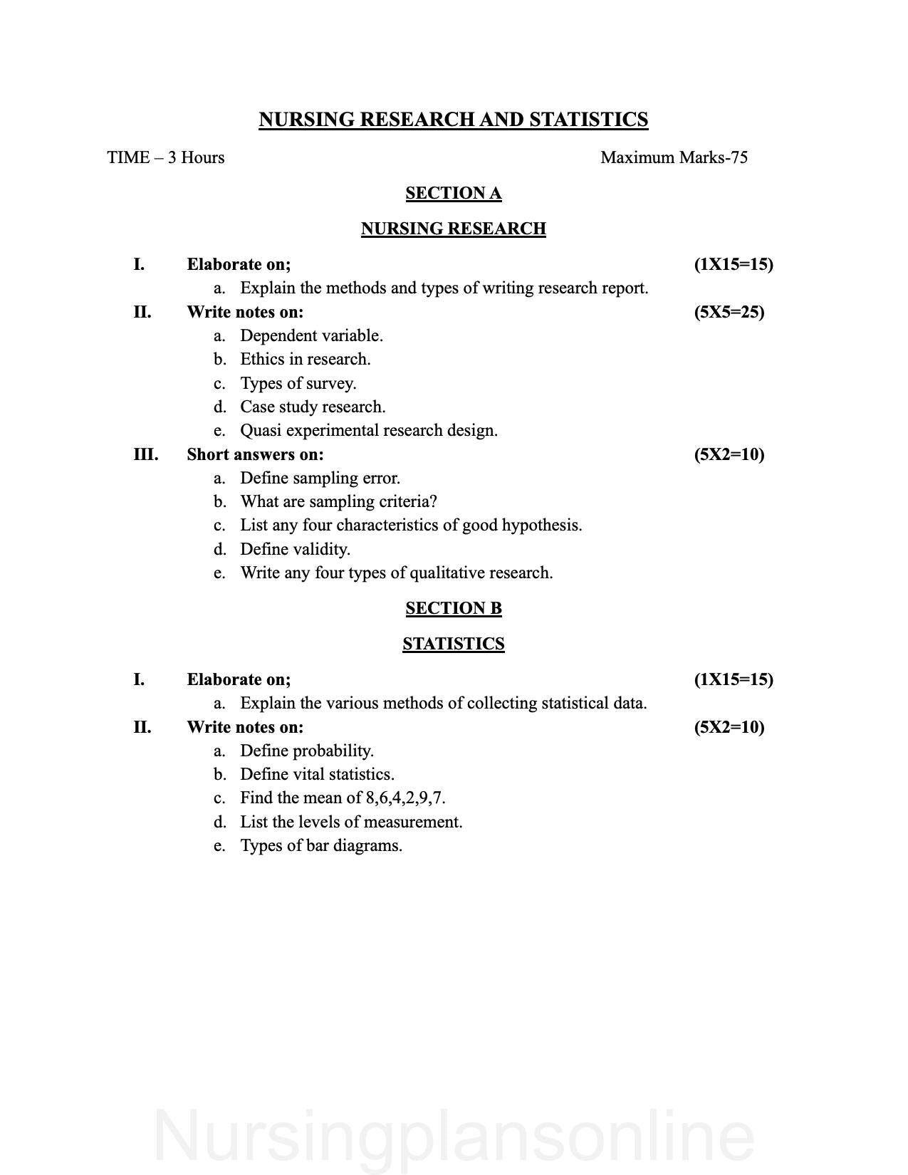 QUESTION PAPER- NURSING RESEARCH