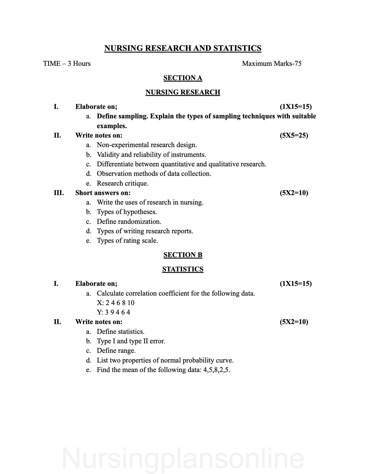 QUESTION PAPER- NURSING RESEARCH