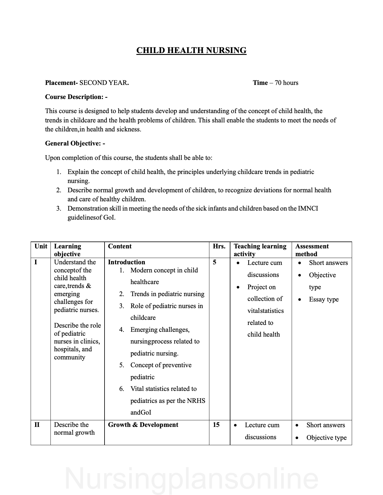 COURSE PLAN- CHILD HEALTH NURSING FOR G.N.M. SECOND YEAR - Nursing Plan Online