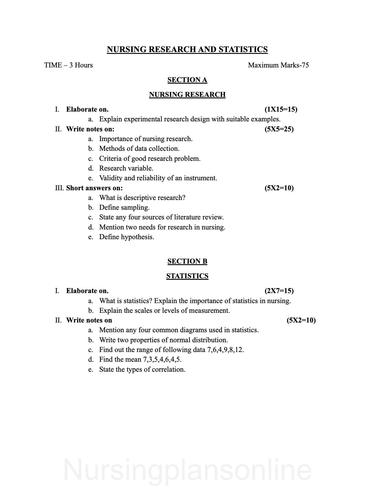QUESTION PAPER- NURSING RESEARCH