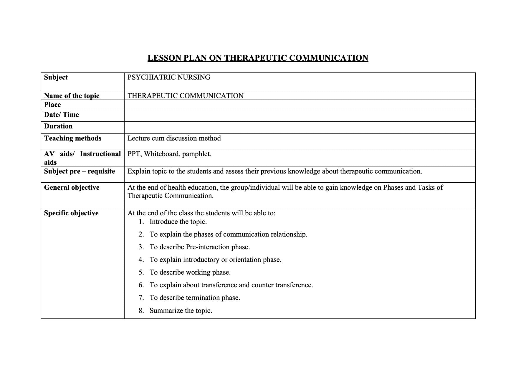 Therapeutic Communication Lesson Plan for Effective Patient Interactio ...