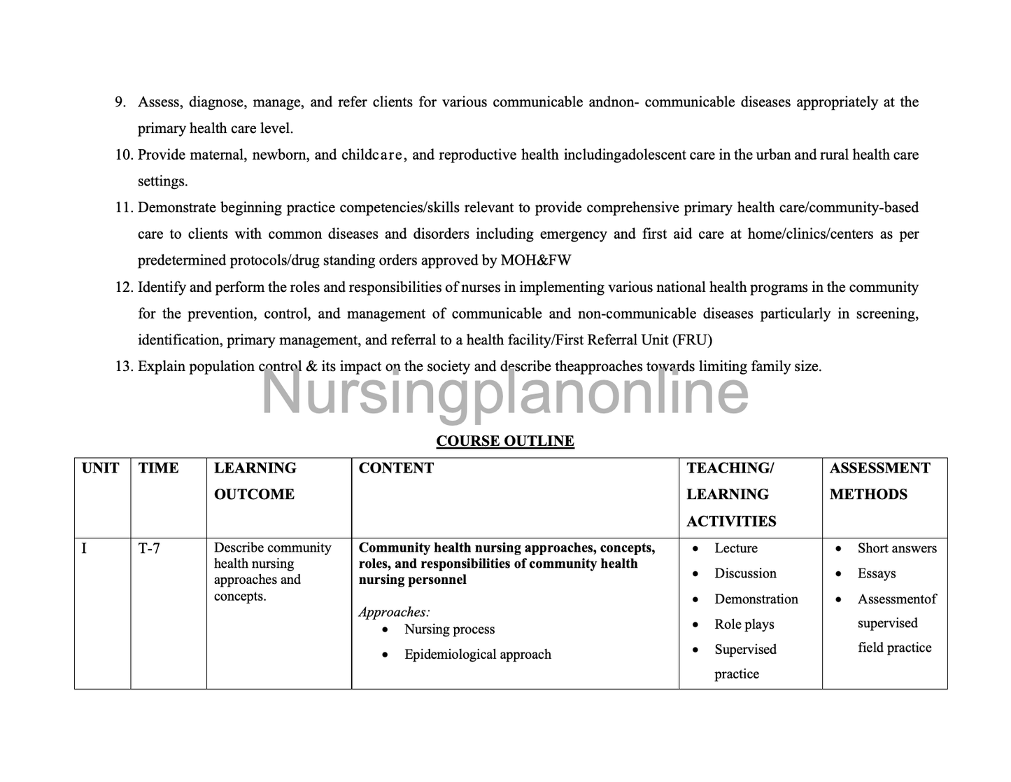 COURSE PLAN- COMMUNITY HEALTH NURSING B.Sc. NURSING THIRD YEAR FIFTH SEMESTER - Nursing Plan Online