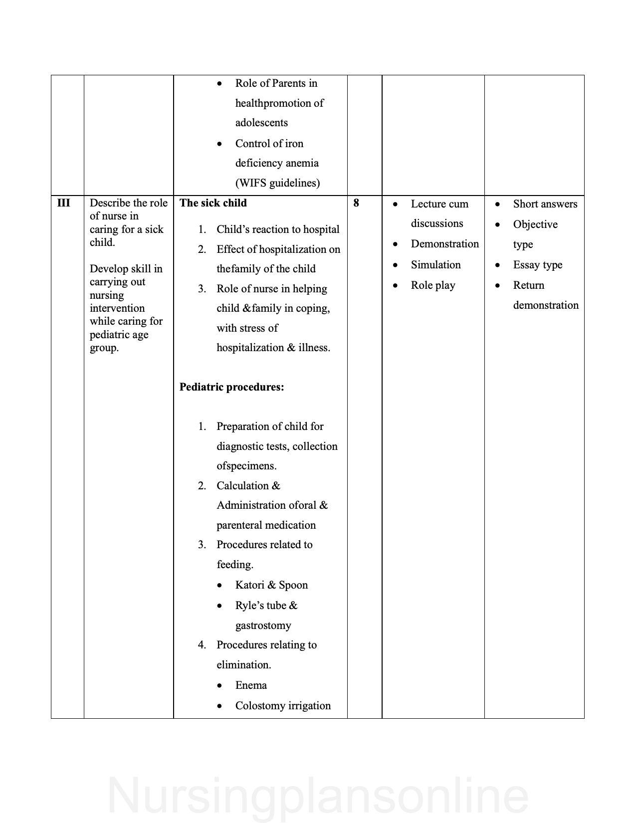 COURSE PLAN- CHILD HEALTH NURSING FOR G.N.M. SECOND YEAR - Nursing Plan Online