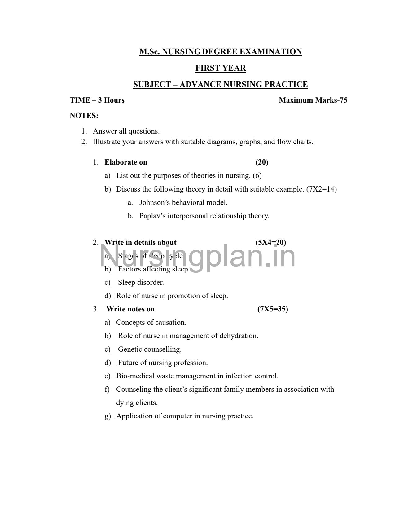 QUESTION PAPER- ADVANCE NURSING PRACTICE - Nursing Plan Online