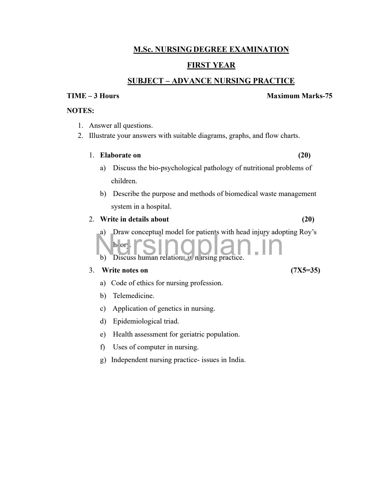 QUESTION PAPER- ADVANCE NURSING PRACTICE - Nursing Plan Online