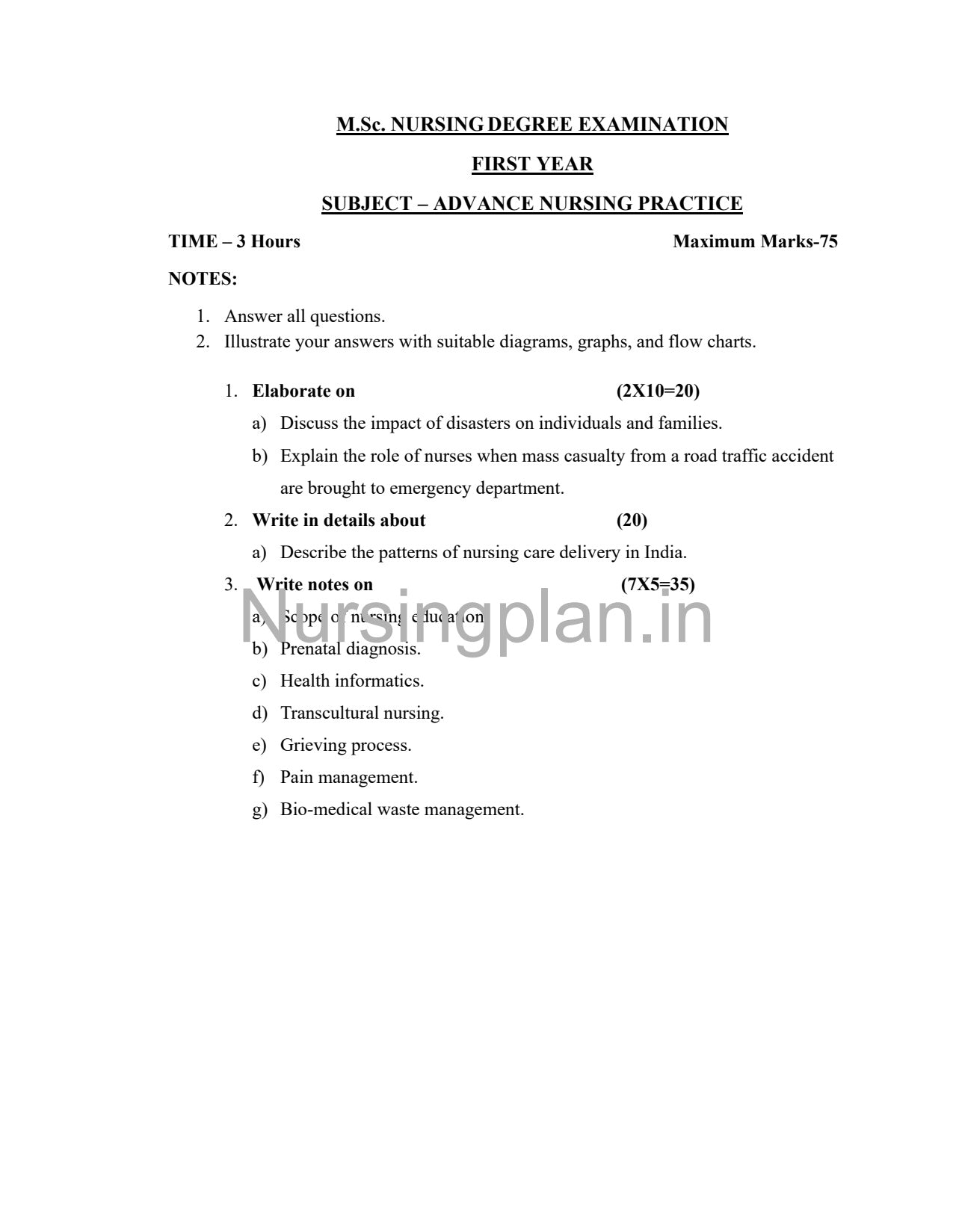 QUESTION PAPER- ADVANCE NURSING PRACTICE - Nursing Plan Online