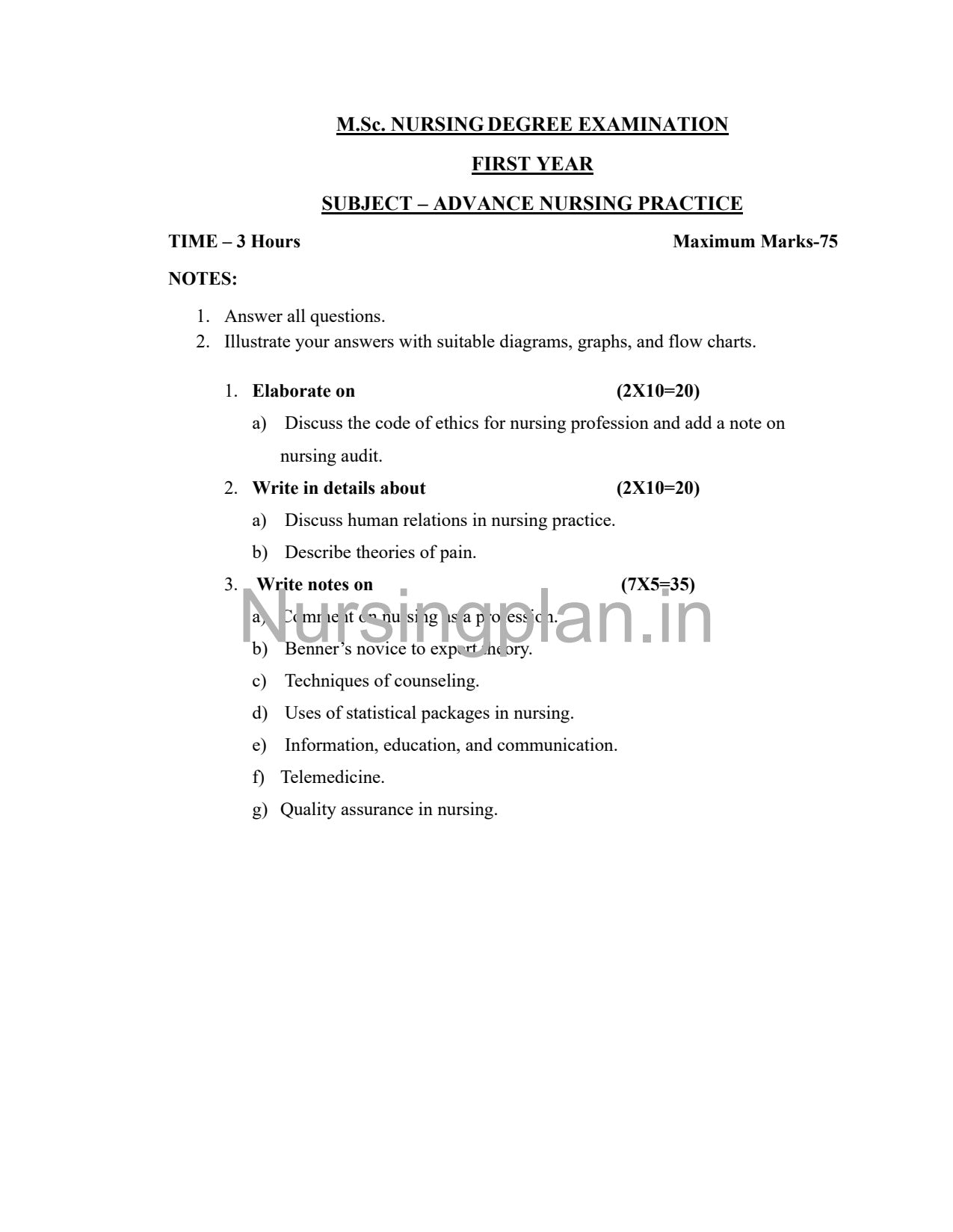 QUESTION PAPER- ADVANCE NURSING PRACTICE - Nursing Plan Online