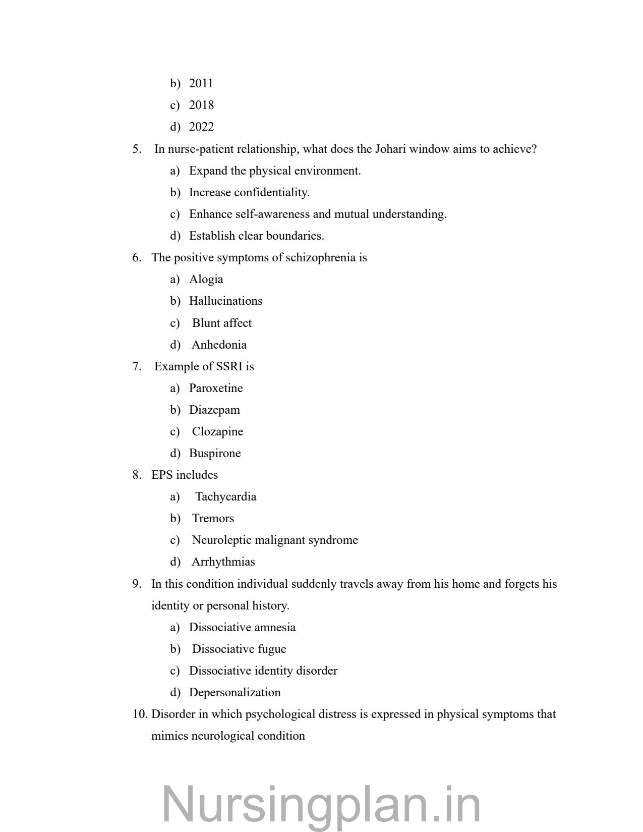 QUESTION PAPER- MENTAL HEALTH NURSING I & II - Nursing Plan Online