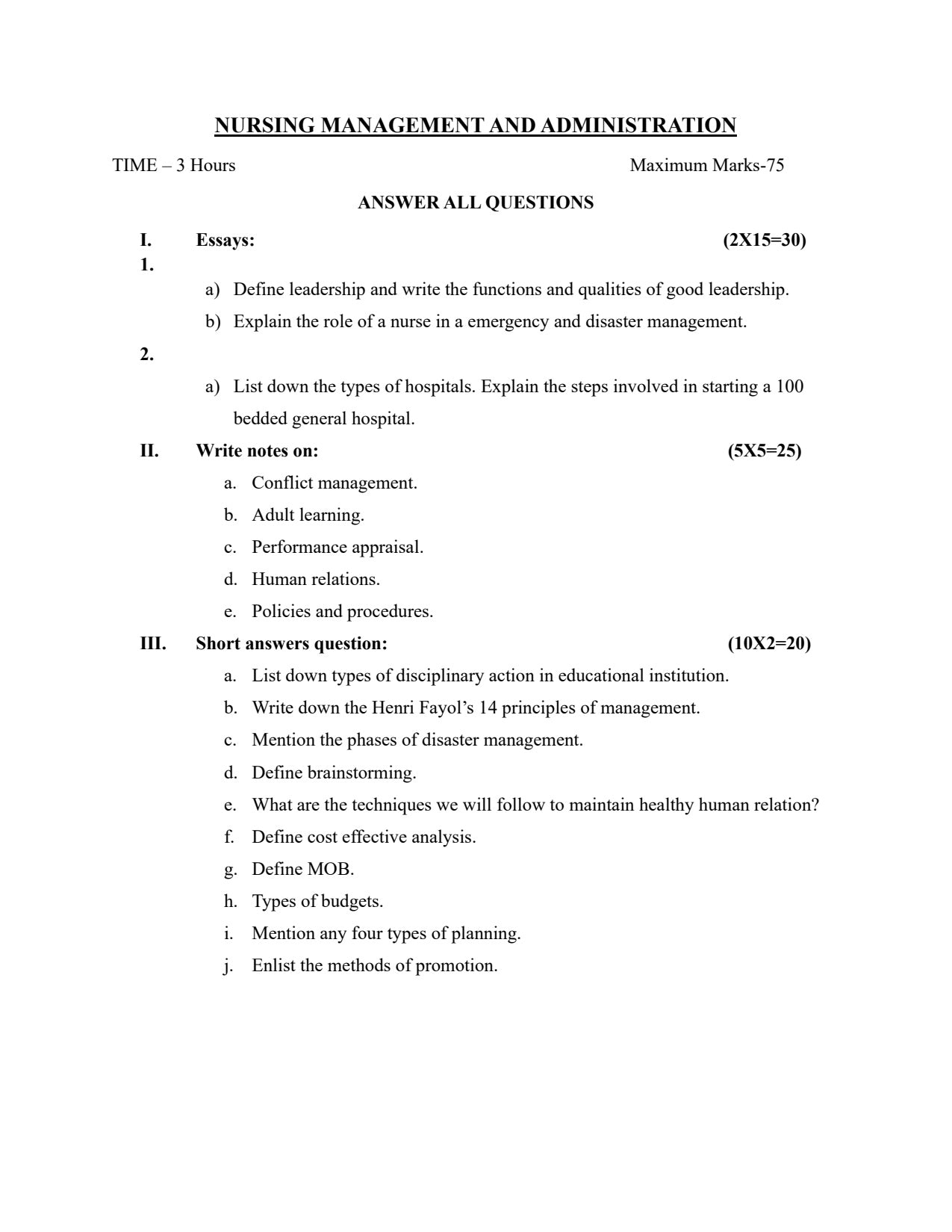 QUESTION PAPER- NURSING MANAGEMENT AND ADMINISTRATION