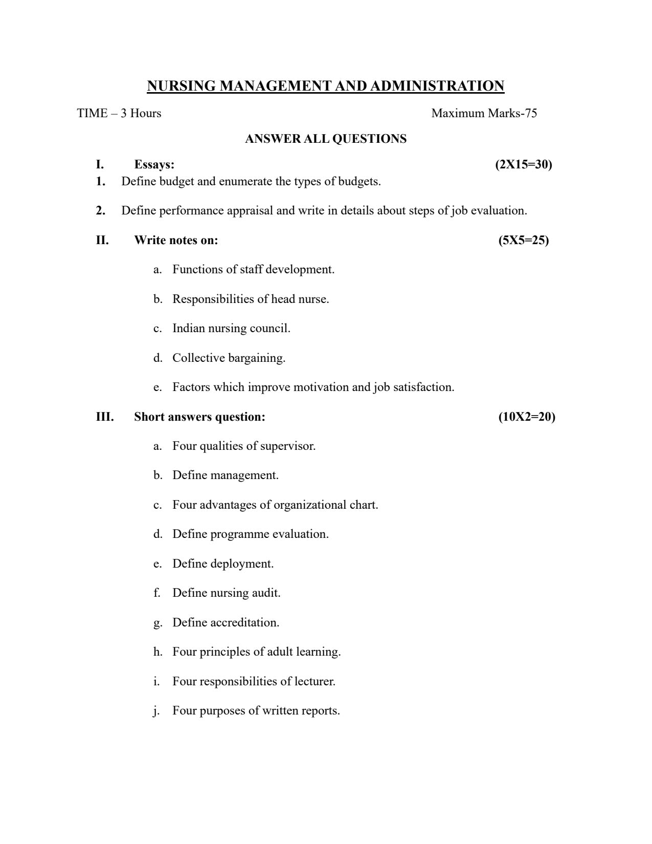 QUESTION PAPER- NURSING MANAGEMENT AND ADMINISTRATION