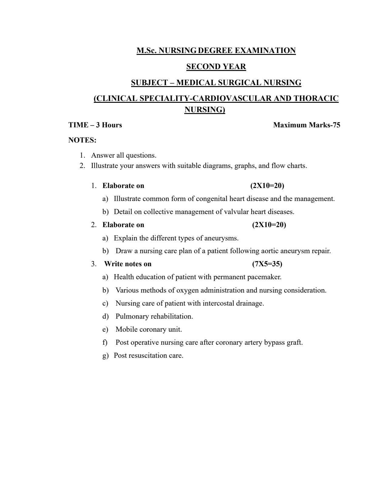 QUESTION PAPER - MEDICAL SURGICAL NURSING (CARDIOVASCULAR AND  THORACIC NURSING) - Nursing Plan Online