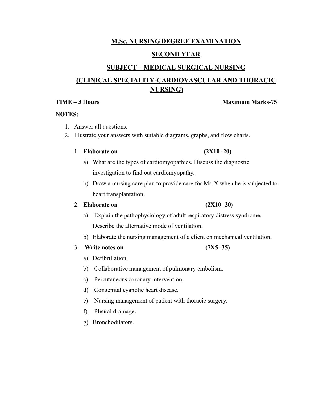 QUESTION PAPER - MEDICAL SURGICAL NURSING (CARDIOVASCULAR AND  THORACIC NURSING) - Nursing Plan Online