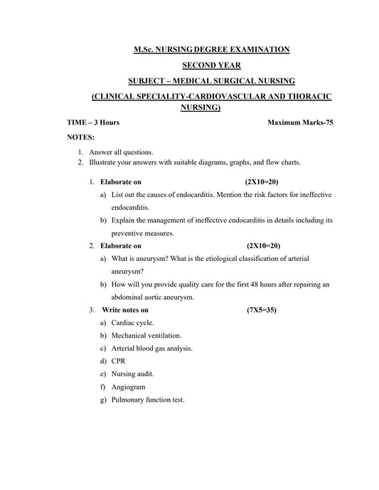 QUESTION PAPER - MEDICAL SURGICAL NURSING (CARDIOVASCULAR AND  THORACIC NURSING) - Nursing Plan Online