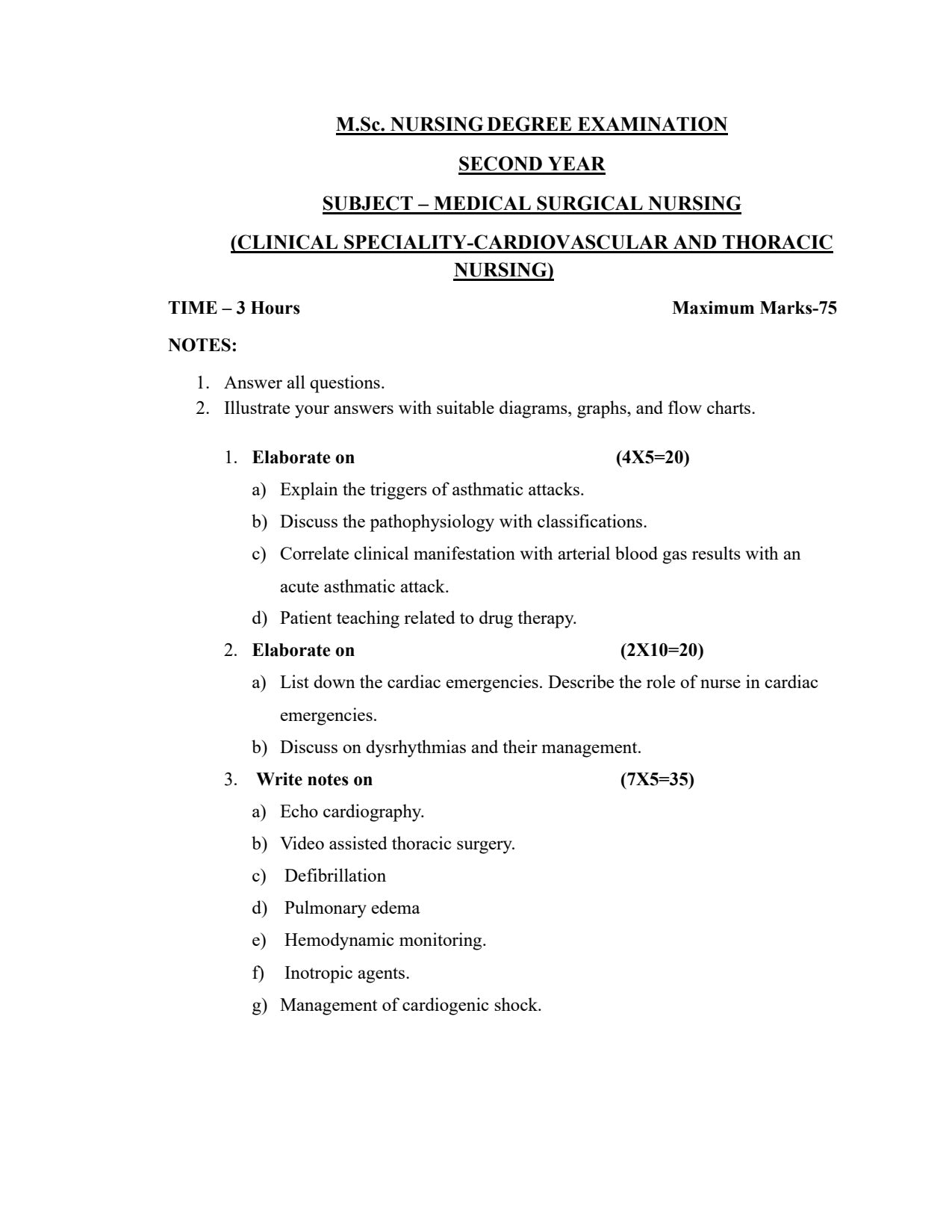 QUESTION PAPER - MEDICAL SURGICAL NURSING (CARDIOVASCULAR AND  THORACIC NURSING) - Nursing Plan Online