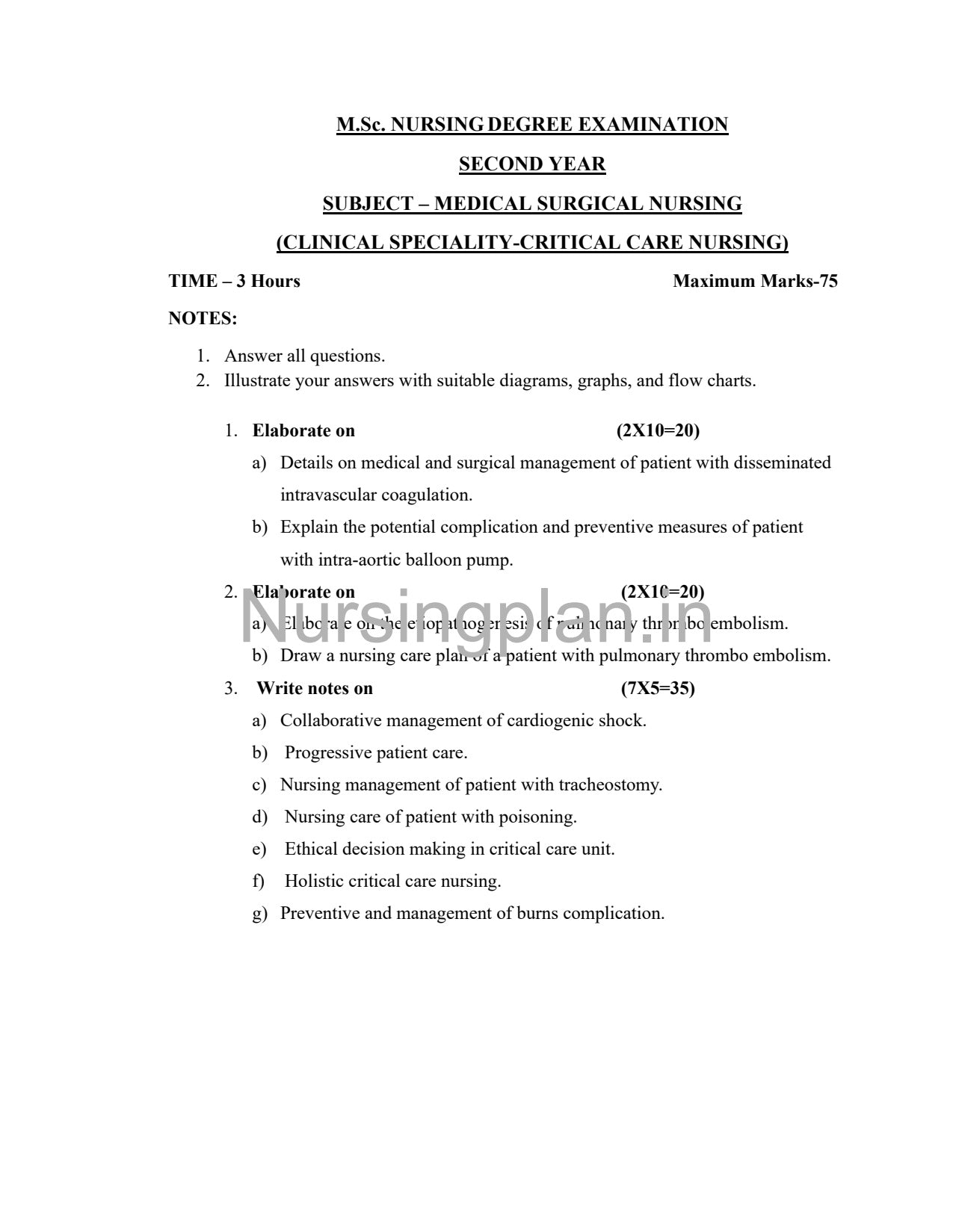QUESTION PAPER- MEDICAL SURGICAL NURSING (CRITICAL CARE NURSING)