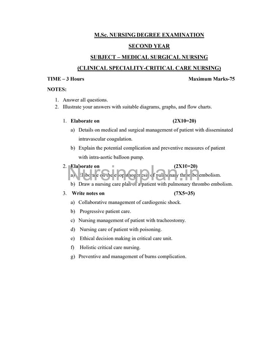 QUESTION PAPER- MEDICAL SURGICAL NURSING (CRITICAL CARE NURSING)
