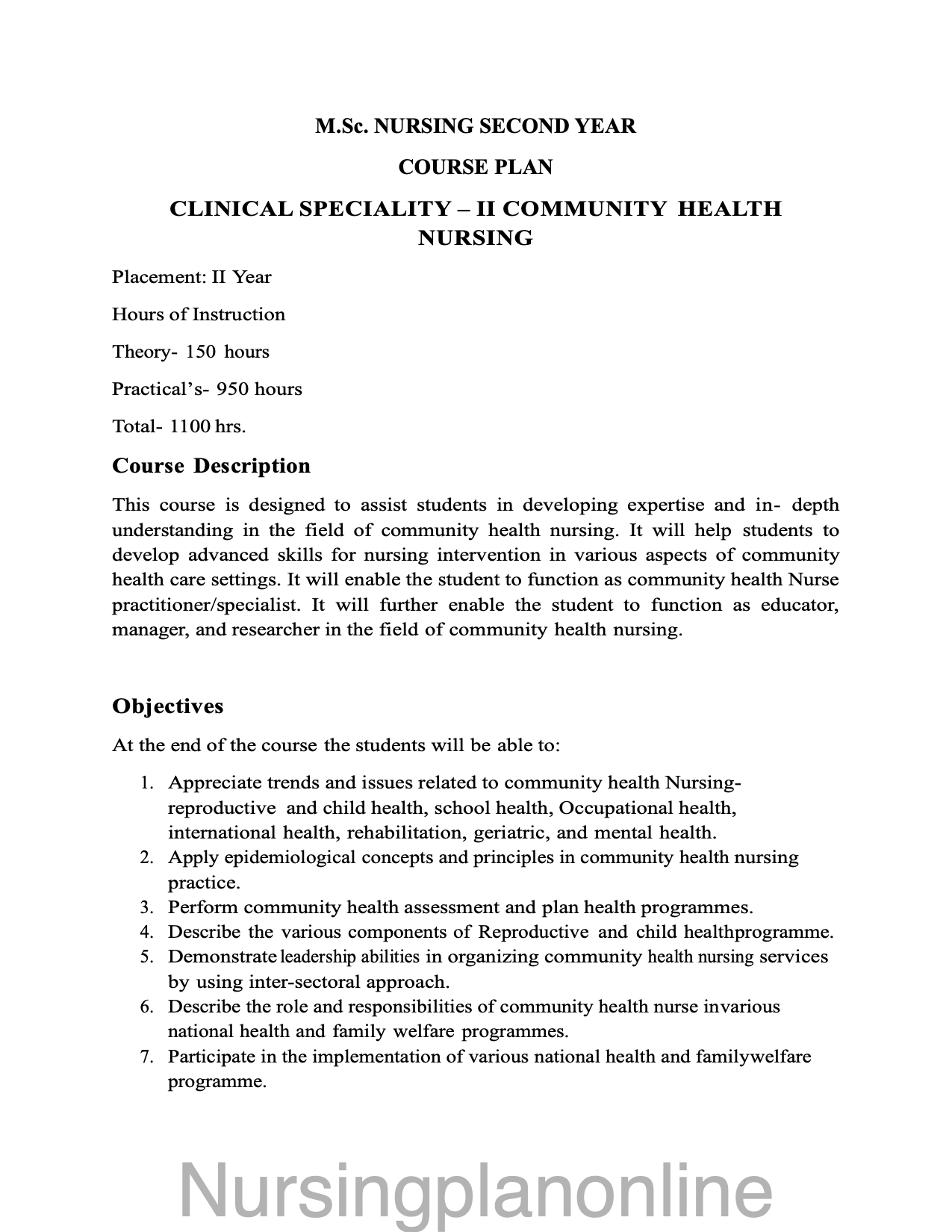 COURSE PLAN-  M.Sc. NURSING SECOND YEAR - COMMUNITY HEALTH NURSING - Nursing Plan Online