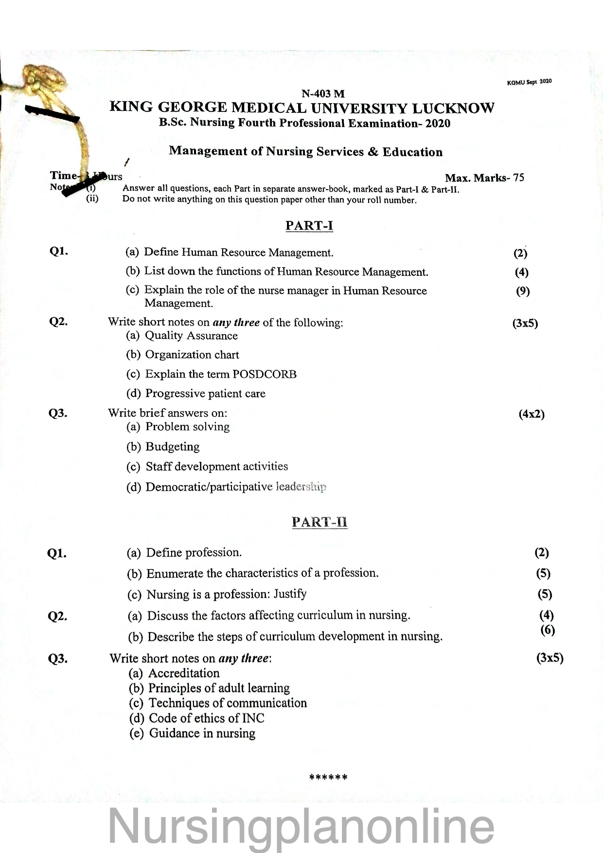 QUESTION PAPER- NURSING MANAGEMENT - Nursing Plan Online