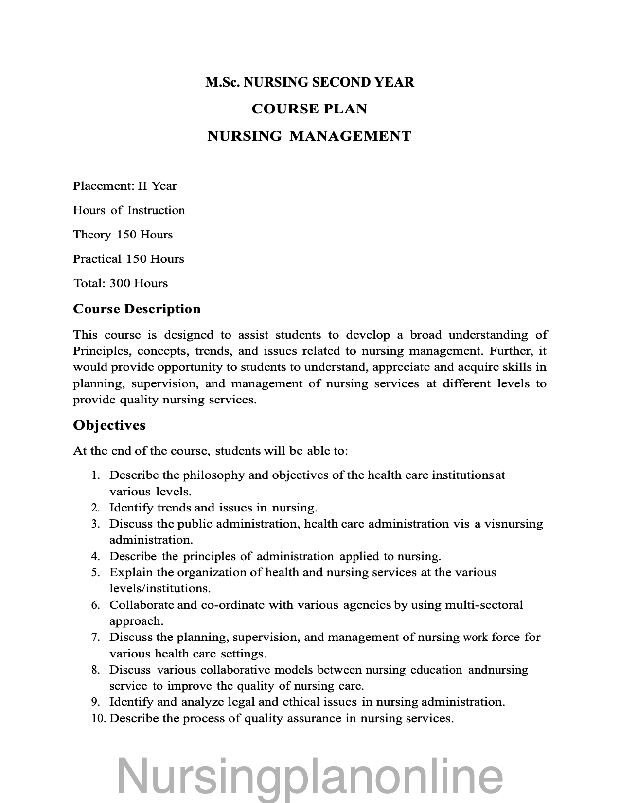 COURSE PLAN M.Sc. NURSING SECOND YEAR- NURSING MANAGEMENT - Nursing Plan Online
