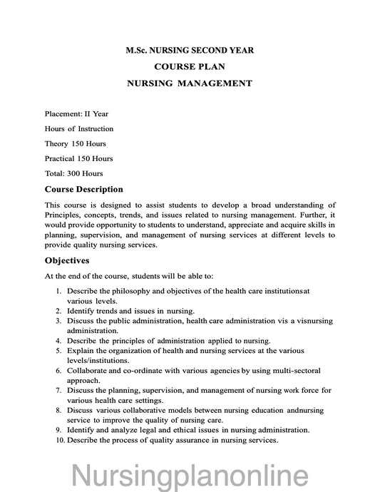 COURSE PLAN M.Sc. NURSING SECOND YEAR- NURSING MANAGEMENT - Nursing Plan Online