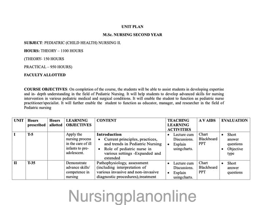 UNIT PLAN M.Sc. NURSING SECOND YEAR-  PAEDIATRIC (CHILD HEALTH) NURSING II - Nursing Plan Online