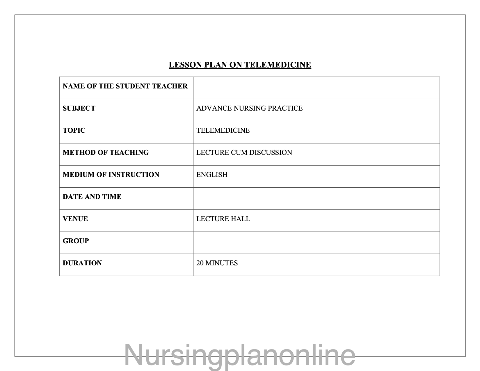 LESSON PLAN- TELEMEDICINE - Nursing Plan Online