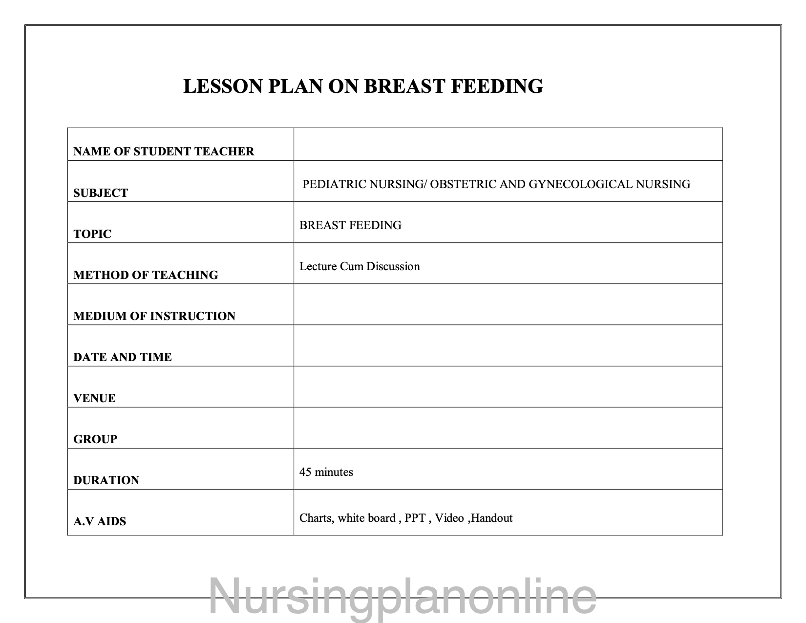 LESSON PLAN- BREASTFEEDING - Nursing Plan Online
