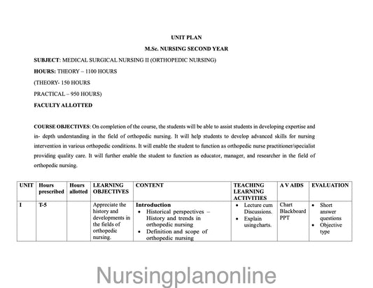 UNIT PLAN M.Sc. NURSING SECOND YEAR-  MEDICAL SURGICAL NURSING (ORTHOPEDIC NURSING) - Nursing Plan Online