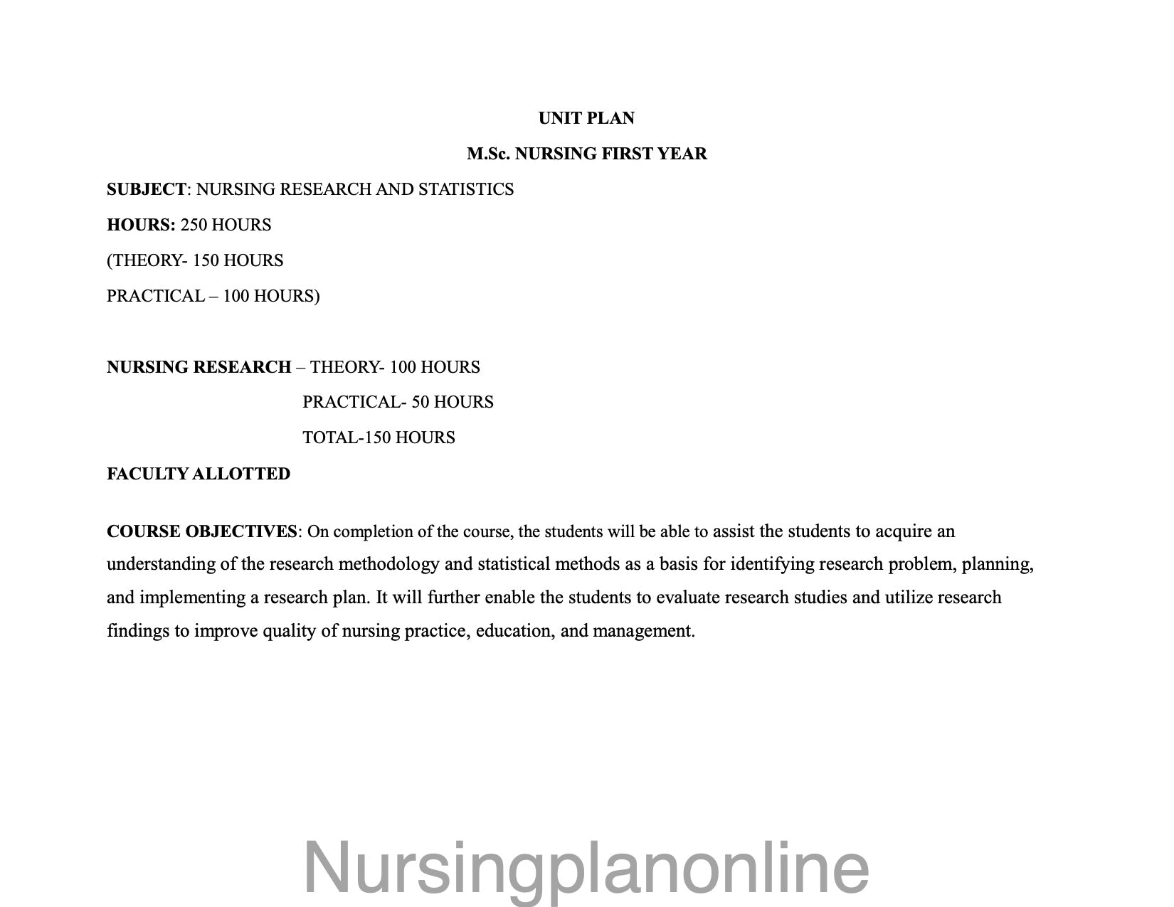 UNIT PLAN M.Sc. NURSING FIRST YEAR-  NURSING RESEARCH AND STATISTICS - Nursing Plan Online