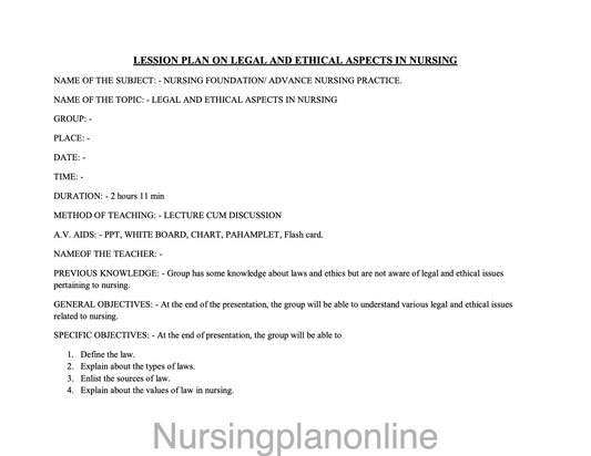LESSON PLAN ON LEGAL AND ETHICAL ASPECTS IN NURSING - Nursing Plan Online