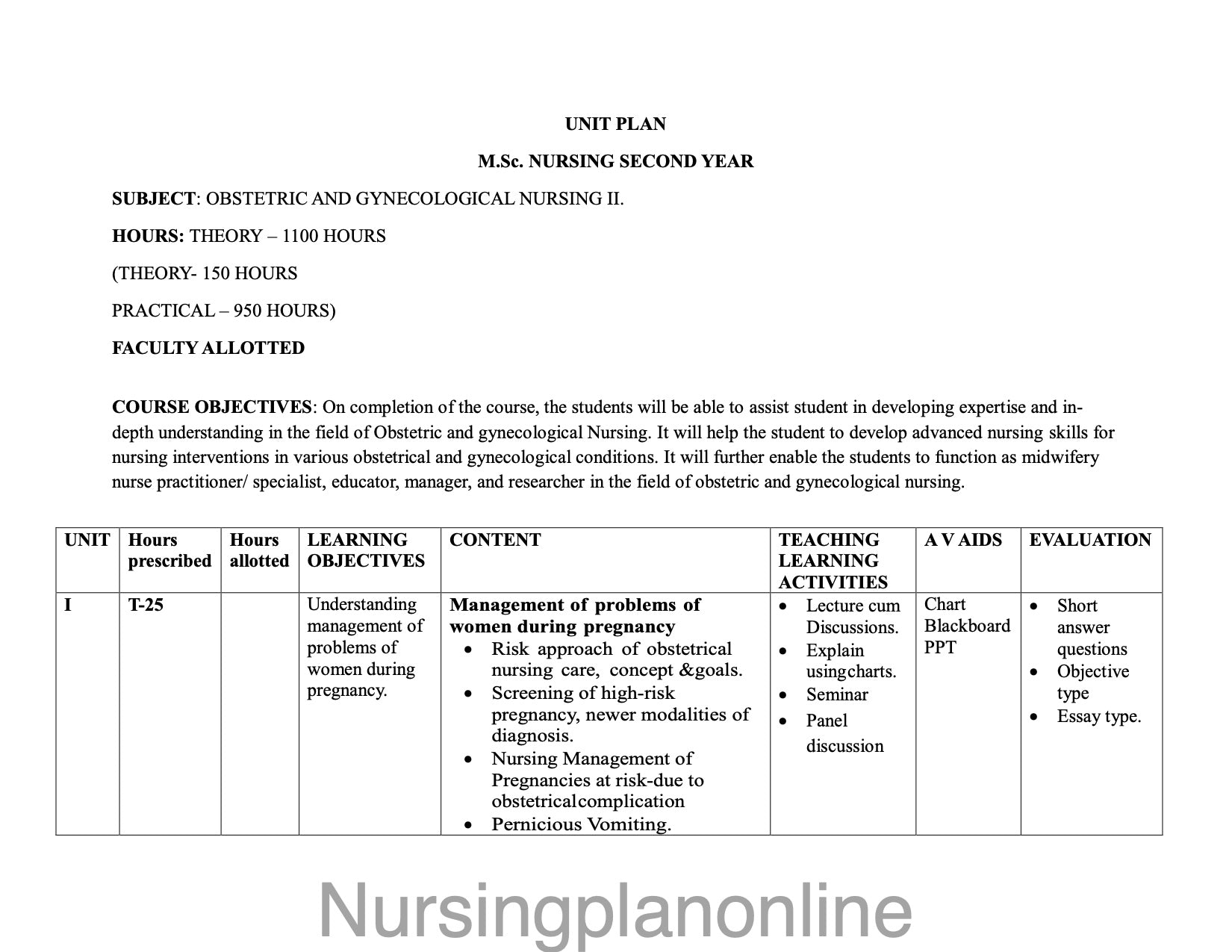 UNIT PLAN M.Sc. NURSING SECOND YEAR-  OBSTETRICAL AND GYNECOLOGICAL NURSING II - Nursing Plan Online
