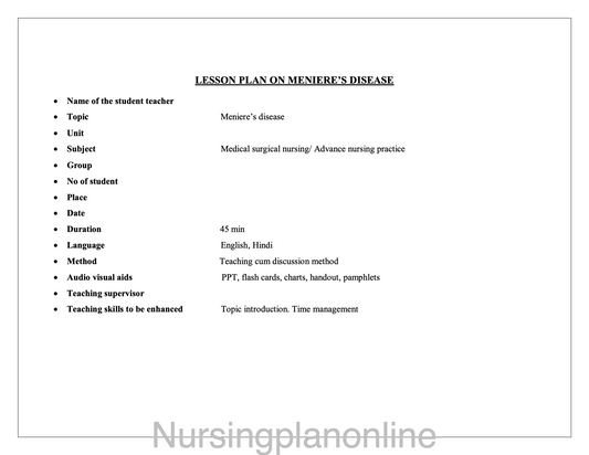 LESSON PLAN- MENIERE'S DISEASE - Nursing Plan Online