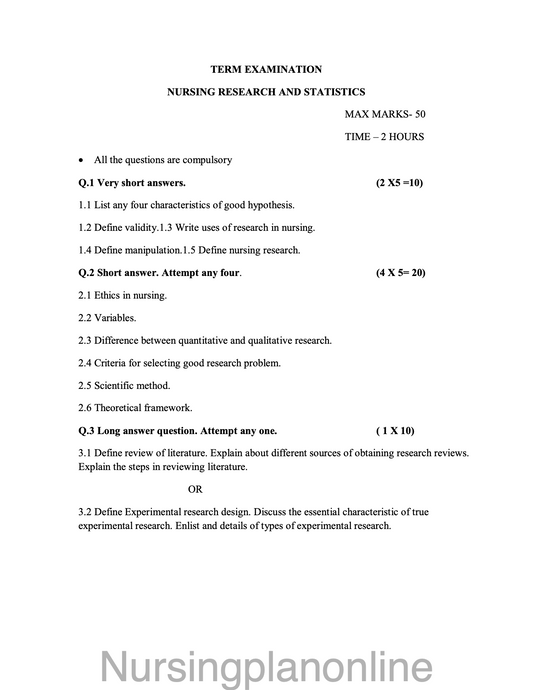 QUESTION PAPER- NURSING RESEARCH AND STATISTICS - Nursing Plan Online