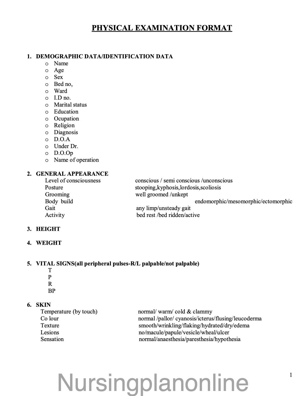 FORMAT- PHYSICAL EXAMINATION (HEAD TO TOE) - Nursing Plan Online