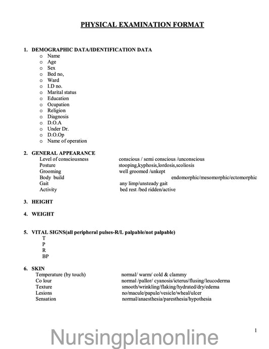 FORMAT- PHYSICAL EXAMINATION (HEAD TO TOE) - Nursing Plan Online