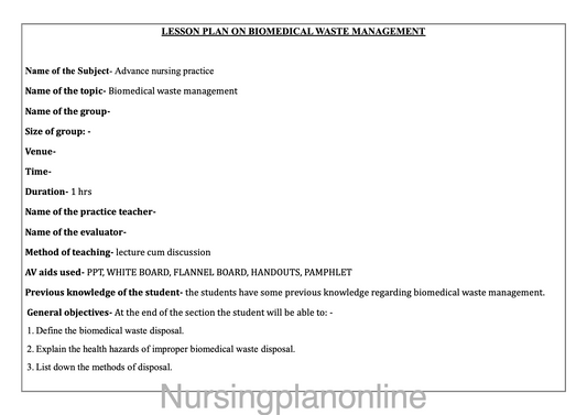 LESSON PLAN ON BIOMEDICAL WASTE MANAGEMENT - Nursing Plan Online