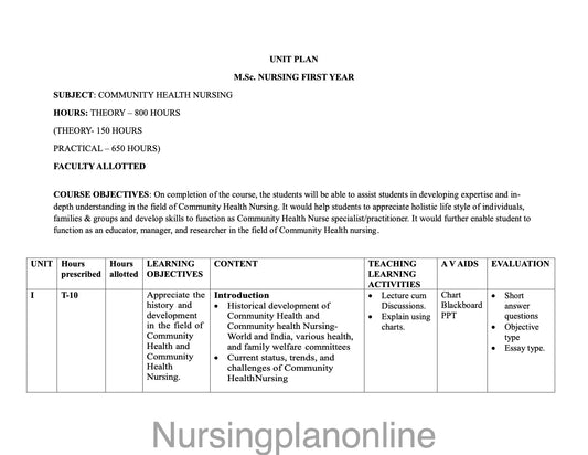 UNIT PLAN M.Sc. NURSING FIRST YEAR- COMMUNITY HEALTH NURSING - Nursing Plan Online