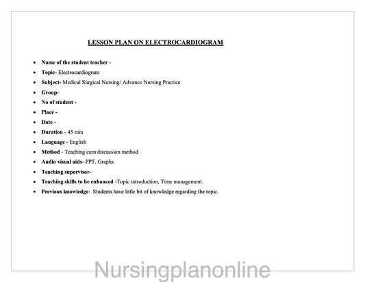 LESSO PLAN- ELECTROCARDIOGRAM - Nursing Plan Online